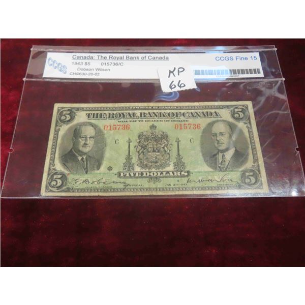 1943 Royal Bank of Canada $5 Bill - Rare Graded Fine 15