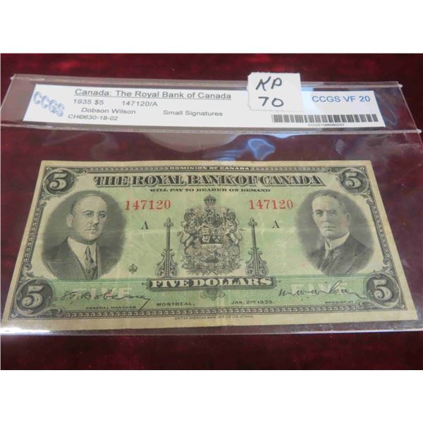 1935 Royal Bank of Canada $5 Bill Graded VF 20 - Very Rare