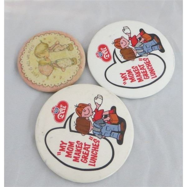 3 Vintage Pinback Buttons Maple Leaf & 1973 Hallmark Cards "Love is all we need"