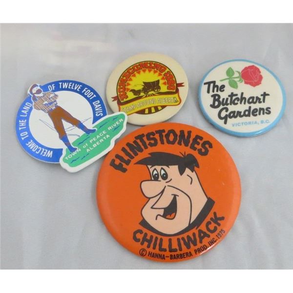 4 Vintage Pinback Buttons Peace River, Butchart Gardens/Flintstones/Alberta 1980 Homecoming