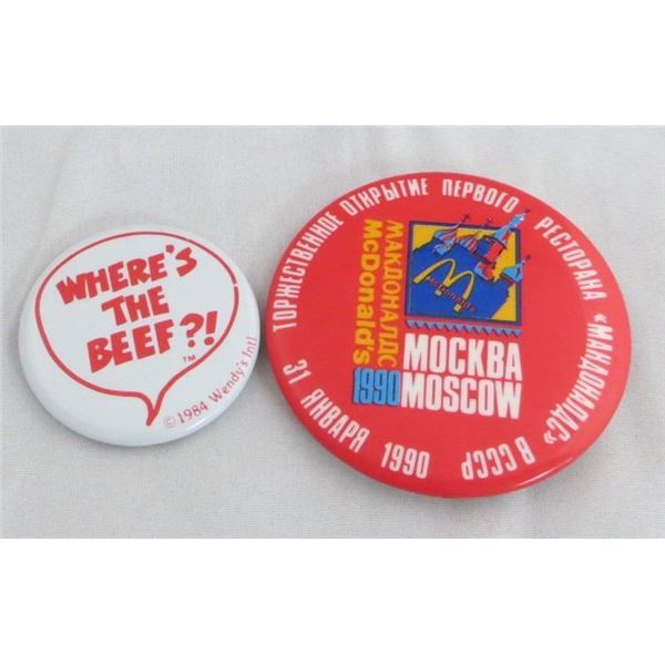 2 Vintage Pinback Buttons Wendy's Where's The Beef & McDonald's Moscow
