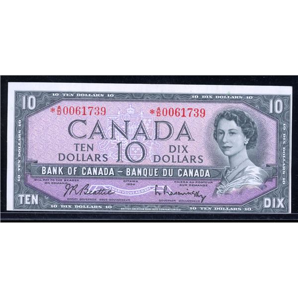 Canadian 1954 $10 Ten Dollar Banknote Serial # *A/D0061739
