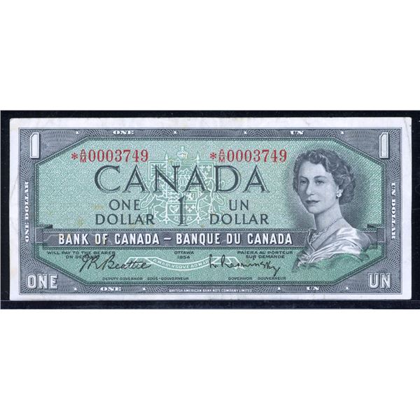 Canadian 1954 $1 One Dollar Banknote Serial # *A/M0003749