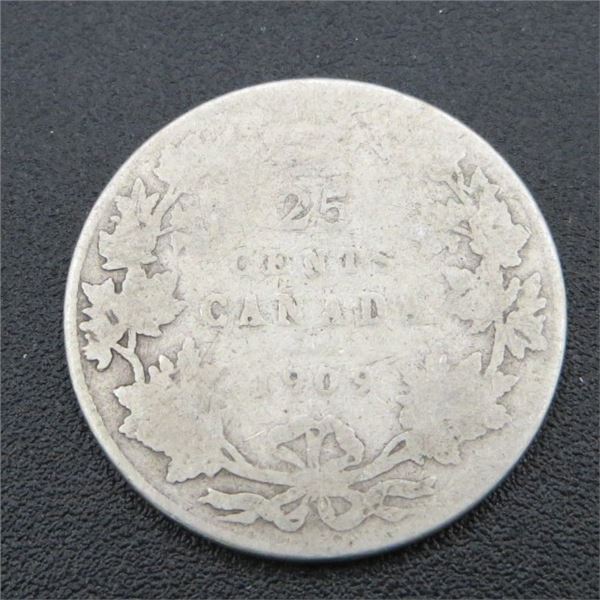 1909 Canadian Silver 25 Cent Coin