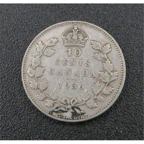 1936 Canadian Silver 10 Cent Coin