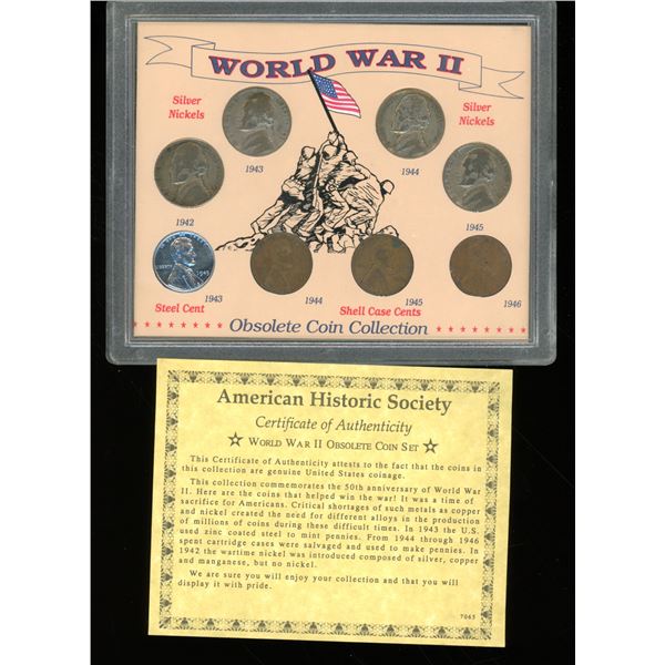 World War II Obsolete Coin Collection Silver War Nickels, Steel Cent With COA