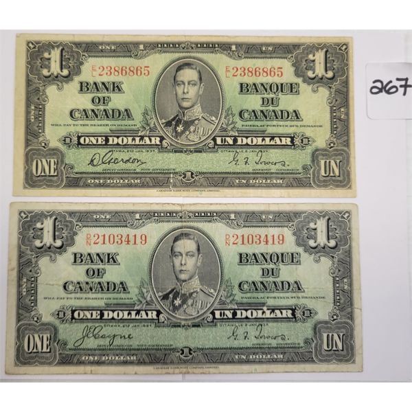 LOT OF 2 - 1937 CDN $1 BANKNOTES