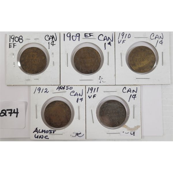 LOT OF 5 - CDN LARGE PENNIES - INCL 1908-1912