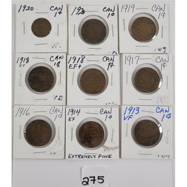 LOT OF 9 - CDN LARGE & SMALL PENNIES - INCL 1913-1920