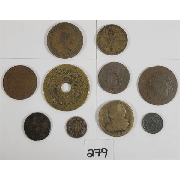 LOT OF 10 - EARLY WORLD COINS - INCL 1735 HAMMERED, KONSTANTINAPOLY MEDALLION, ETC. 