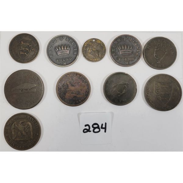 LOT OF 10 - EARLY WORLD COINS - INCL 1865 NAPOLEON, 1888 STATES OF JERSEY, ETC. 