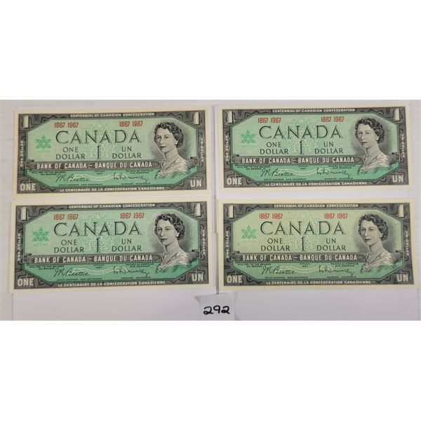 LOT OF 4 - 1967 CDN UNCIRCULATED $1 BANKNOTES