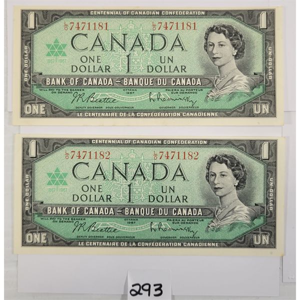 LOT OF 2 - 1967 CDN SEQUENTIAL $1 BANKNOTES