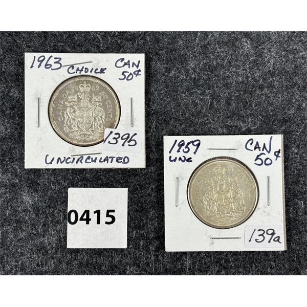 LOT OF 2 -  1X 1959 & 1X 1963 CDN 50 CENT PIECES - UNCIRCULATED