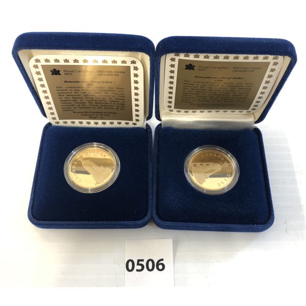 LOT OF 2 - 1994 RCM REMEMBRANCE PROOF DOLLAR COINS 