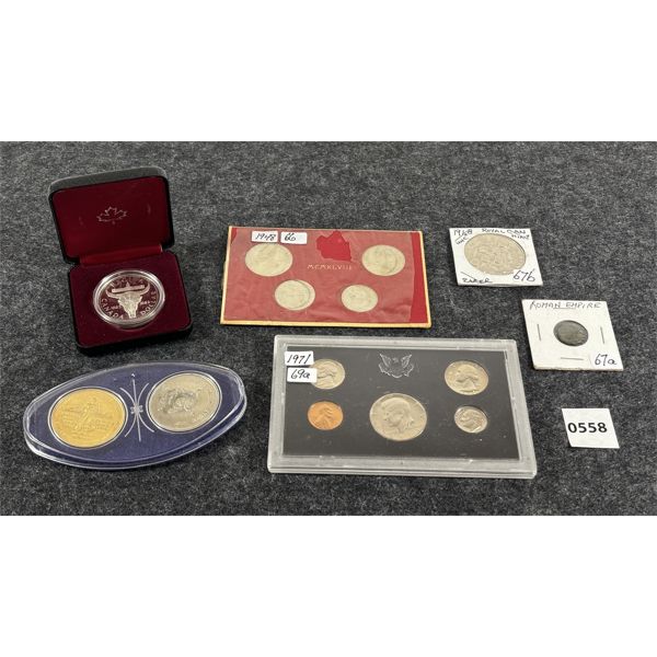 LOT OF 6 - INCL 1948 VATICAN COIN SET, RCM SOUVENIR DOLLAR, ROMAN EMPIRE COIN, US 1971 PROOF SET 