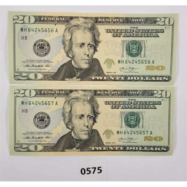 LOT OF 2 - 2013 US $20 BANKNOTES - SEQUENTIAL