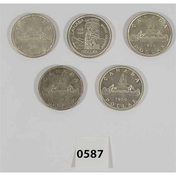 LOT OF 5 - CDN SILVER DOLLARS - INCL 1953 & 1962, ETC