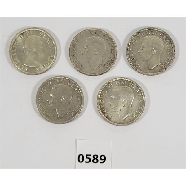 LOT OF 5 - CDN SILVER DOLLARS - INCL 1950, 1951 & 1957. ETC