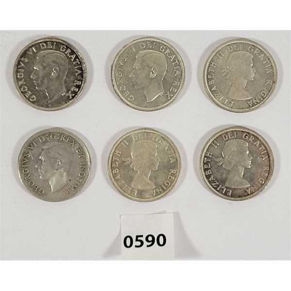 LOT OF 6 - CDN SILVER DOLLARS - INCL 1938, 1949 & 1961. ETC