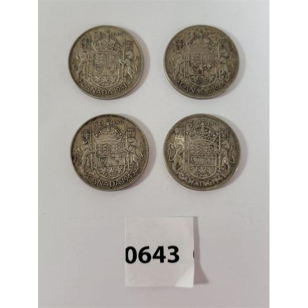 LOT OF 4 - CDN SILVER 50 CENT PCS - INCL 1944, 1945 & 1951, ETC