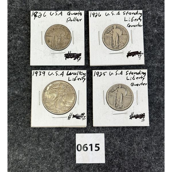 LOT OF 4 - U.S. 1925-1939 STANDING/WALKING LIBERTY HALF DOLLAR & QUARTERS SILVER COINS 