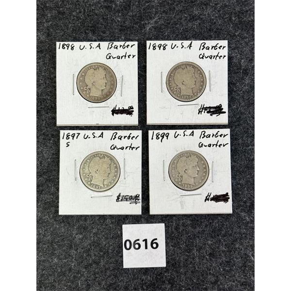 LOT OF 4 - U.S. 1897-1899 BARBER QUARTERS SILVER COINS 