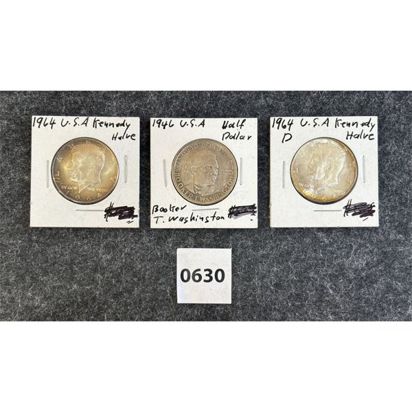 LOT OF 3 - U.S. 1964 HALF DOLLAR & KENNEDY HALF SILVER COINS 