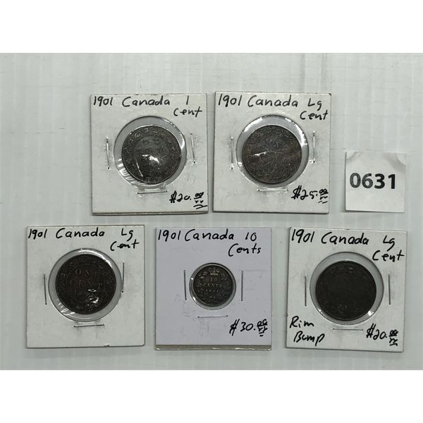 LOT OF 5 - 1901 CDN 1 & 10 CENT COINS 