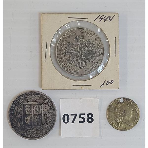 LOT OF 3 - U.K. COINS & TOKEN - INCL 1840 QUEEN VICTORIA HALF CROWN, PASCALLS GOLDEN MALTEX, ETC.