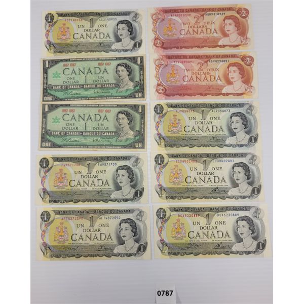 LOT OF 10 - 1973 & 1974 $1 & $2 BANKNOTES - INCL 1967