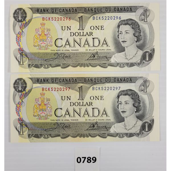 LOT OF 2 - 1973 CDN $1 SEQUENTIAL BANKNOTES