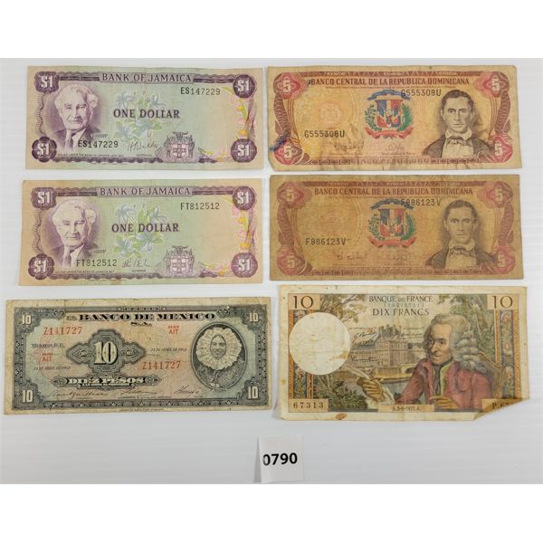 LOT OF 6 - MISC WORLD BANKNOTES - INCL JAMAICA, FRANCE & MEXICO, ETC. 