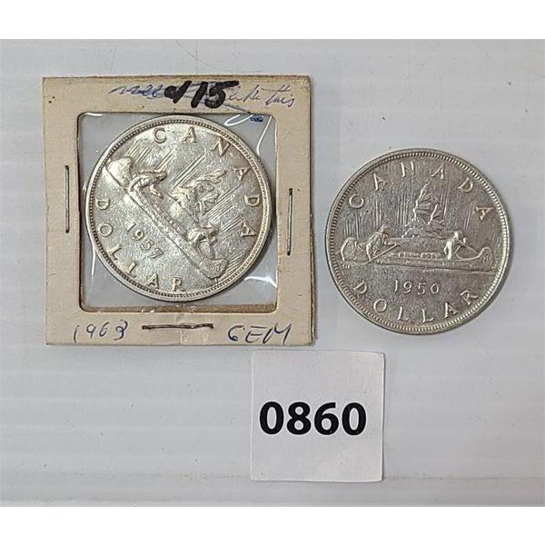LOT OF 2 - 1950 & 1957 CDN VOYAGEUR SILVER DOLLAR COINS 