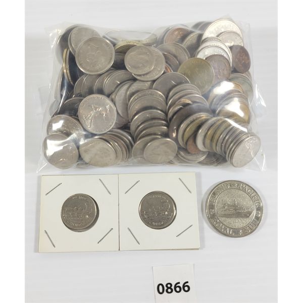 QTY OF FOREIGN & CDN COINS - INCL PENCE, POUNDS & PESETAS, ETC.