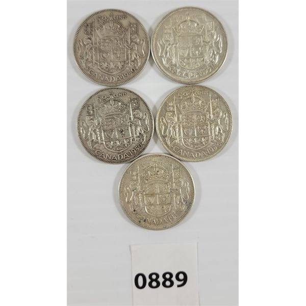LOT OF 5 - CDN SILVER 50 CENT PCS - INCL 1950 & 1952
