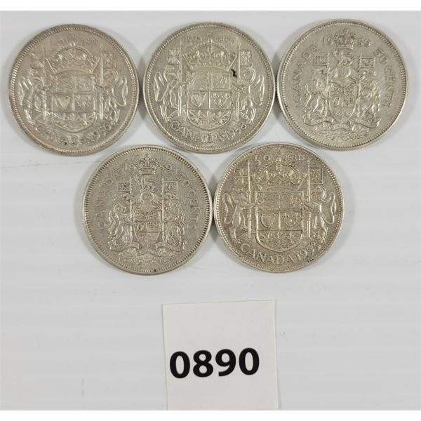 LOT OF 5 - CDN SILVER 50 CENT PCS - INCL 1953 & 1956