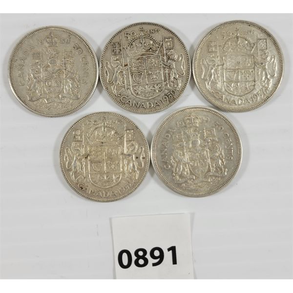 LOT OF 5 - CDN SILVER 50 CENT PCS - INCL 1950 & 1952
