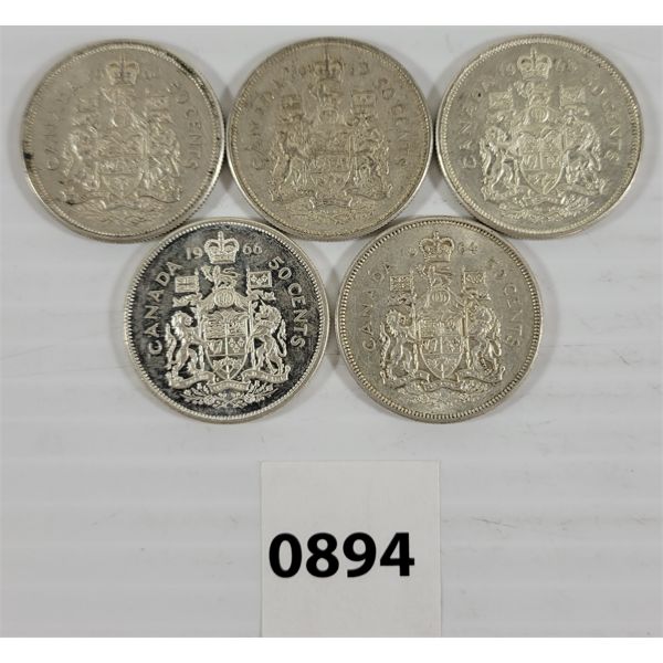 LOT OF 5 - CDN 50 CENT PCS - INCL 1967 & 1963, ETC.