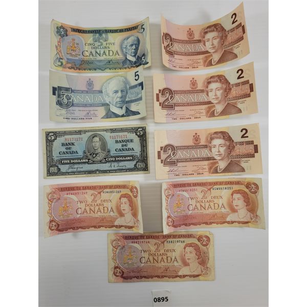 LOT OF 9 - CDN $2 & $5 BANKNOTES