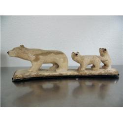 10" bone carving of 3 bears with inset baleen eyes/noses on baleen base by H. B. Slwooko ()