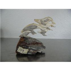 Pod of 5 whales carved out of antler mounted on chunk of mammoth tooth- imported, not Alaskan ()