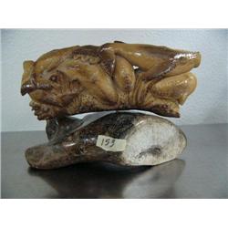 7" pod of 6 whales carved from bone mounted on bone- imported, not Alaskan ()