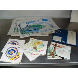 Lot of: old Alaska linen napkins, postcards, place mats, opal gem stone