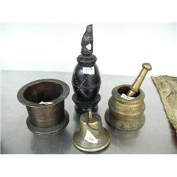 Lot of: 2 brass mortar and one pestle, very old bell, very old wooden container with carved bird on 