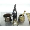 Image 1 : Lot of: 2 brass mortar and one pestle, very old bell, very old wooden container with carved bird on 