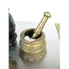 Image 4 : Lot of: 2 brass mortar and one pestle, very old bell, very old wooden container with carved bird on 