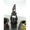 Image 5 : Lot of: 2 brass mortar and one pestle, very old bell, very old wooden container with carved bird on 