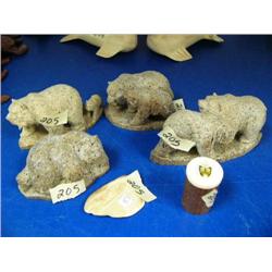 Lot of 5: 4 carved bone bears and 1 wood box with ivory top ()