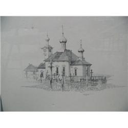 Original pencil drawing of Russian Orthodox church by Judy Larson- some damage